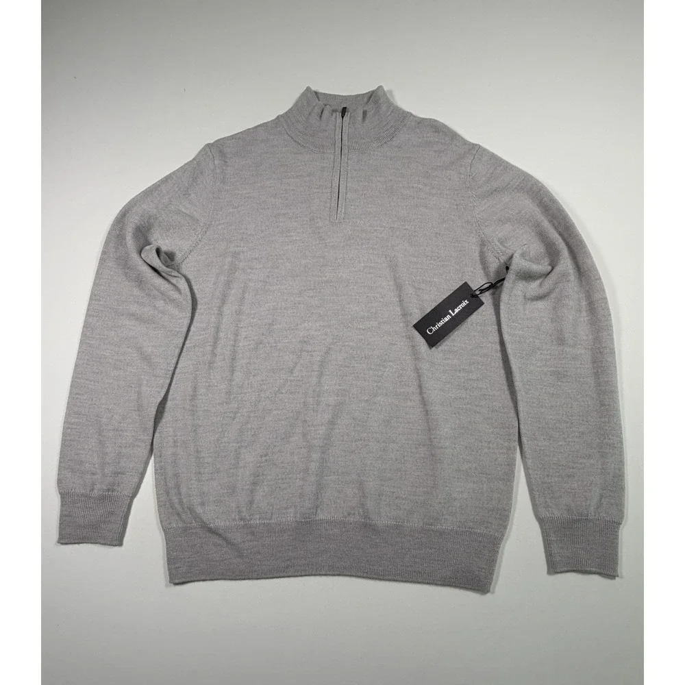 Christian Lacroix Sweater Mens Medium Gray 100% Extra Fine Merino Wool 1/4 Zip